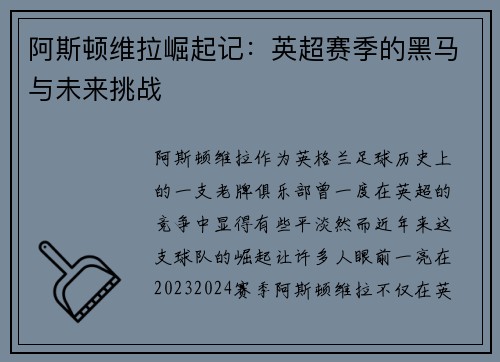 阿斯顿维拉崛起记：英超赛季的黑马与未来挑战